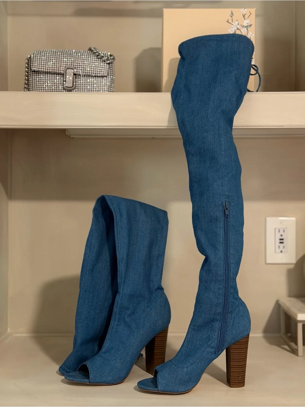Women’s Over-the-Knee Peep-Toe Denim Boots- Blue